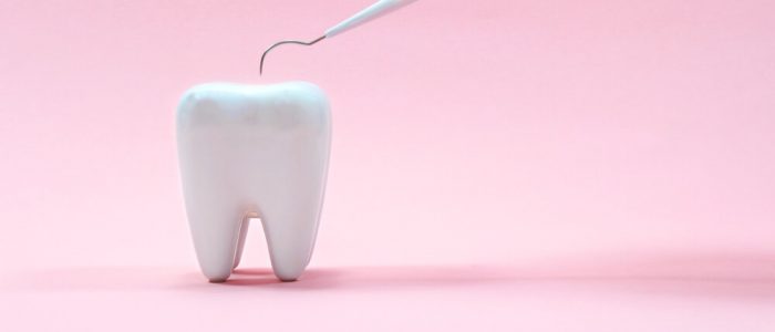 dental explorer tool on a plastic tooth with a pink background