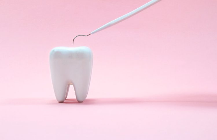 dental explorer tool on a plastic tooth with a pink background